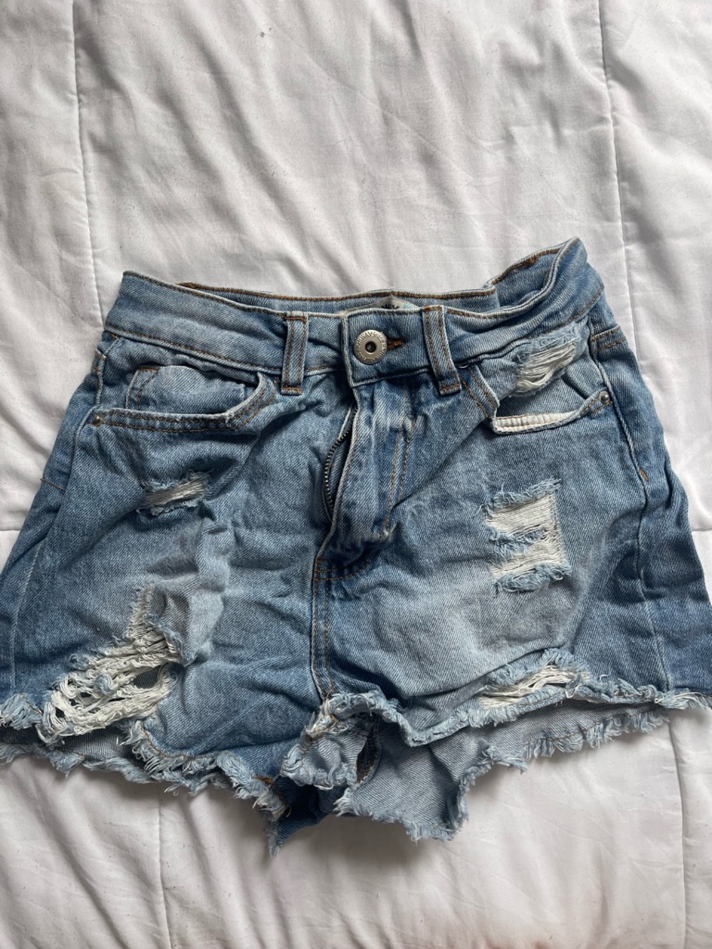 High-Rise Distressed Denim Shorts - Light Blue